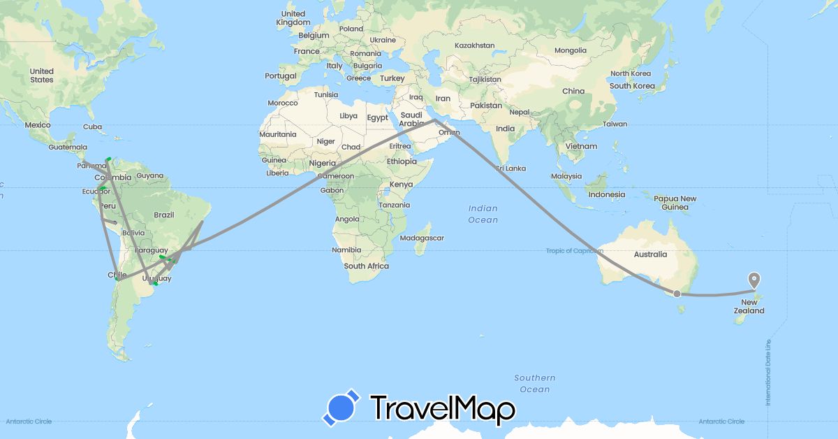 TravelMap itinerary: driving, bus, plane, train, hiking, boat in Argentina, Australia, Brazil, Chile, Colombia, Costa Rica, Ecuador, New Zealand, Panama, Peru, Qatar, Uruguay (Asia, North America, Oceania, South America)